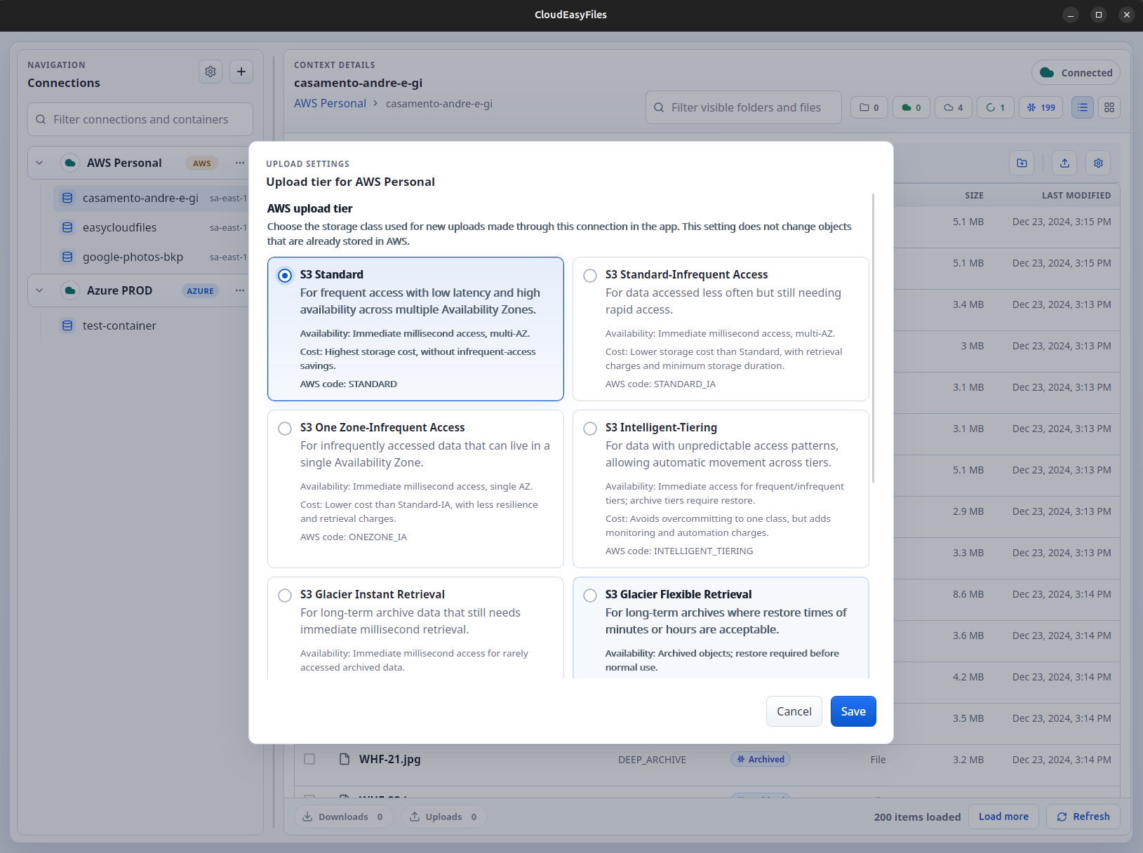 CloudEasyFiles AWS S3 storage class change modal