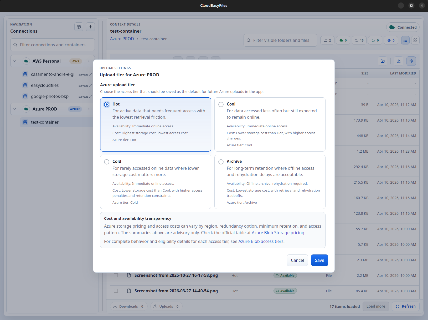 CloudEasyFiles Azure Blob Storage tier change modal