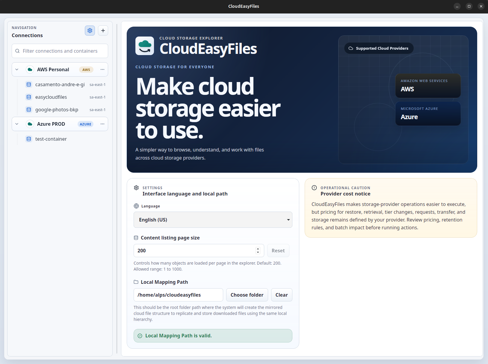 CloudEasyFiles home screen with provider support and connection settings